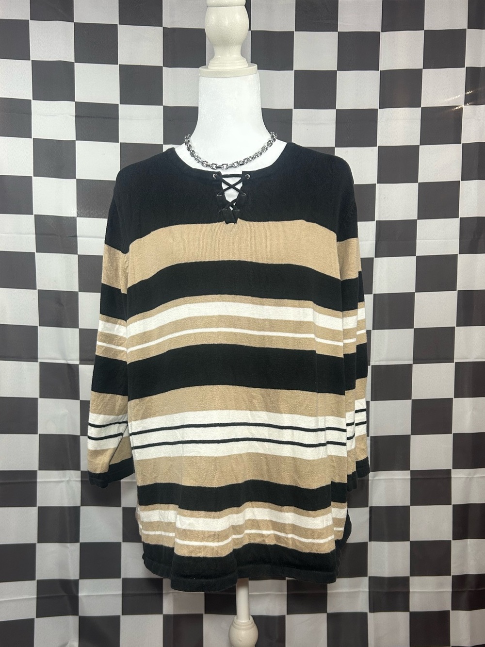 Allison Daley Cotton Black and Tan Striped Knit Top with Lace-Up Neck